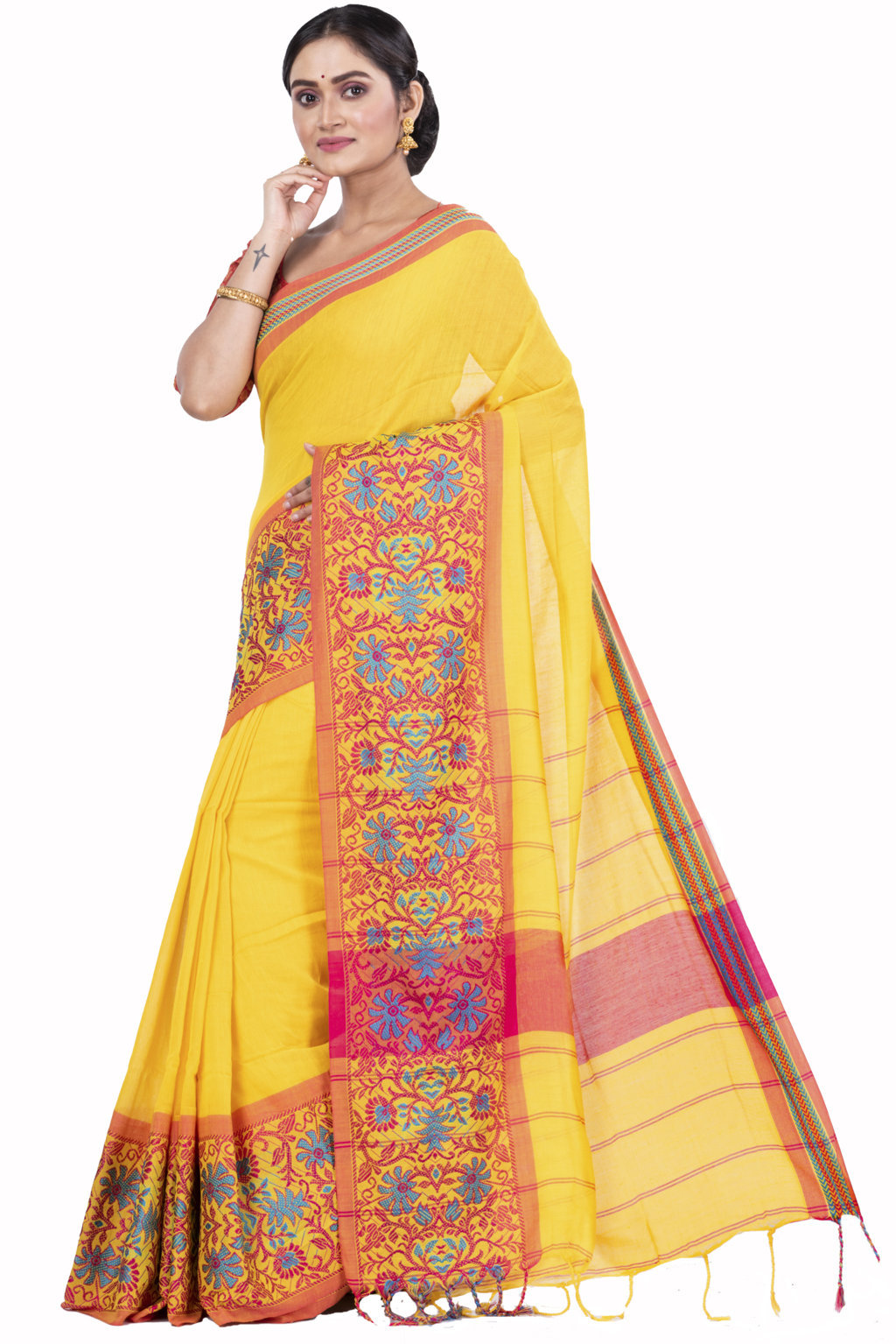 Yellow Pure Cotton Begompuri_Hand Hand Loom Saree (667)